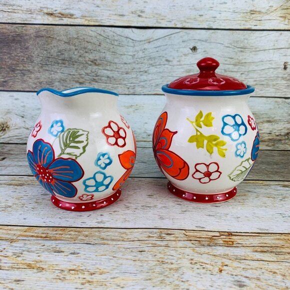 Dutch Wax Coastline Imports Hand Painted Bright Floral Lid Sugar & Creamer Set - Picture 2 of 9